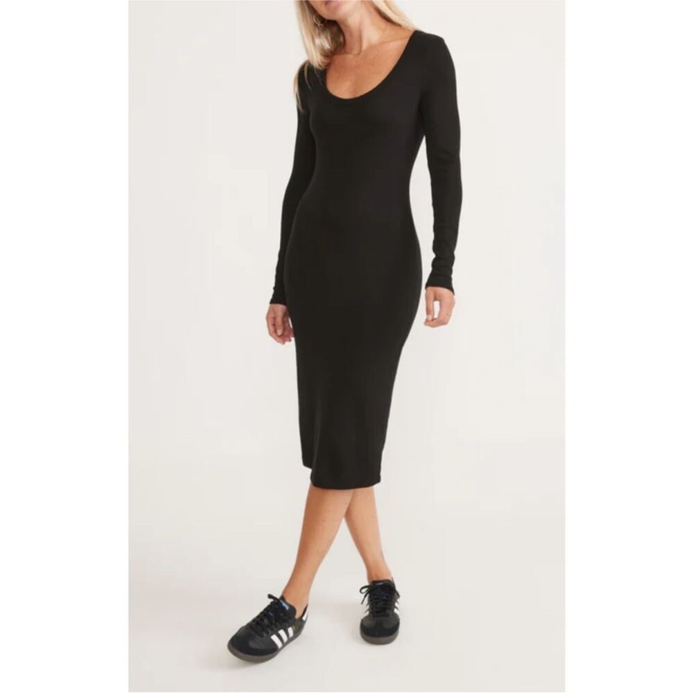 Marine Layer Lexi Rib Long Sleeve Black Midi Dress Size S